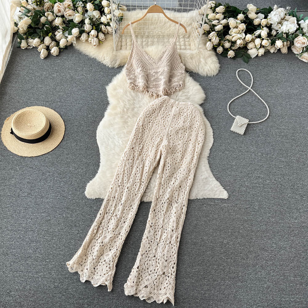 Travel Holiday Style Women's V-neck Tassel Suspender Tube Top Two-piece Set