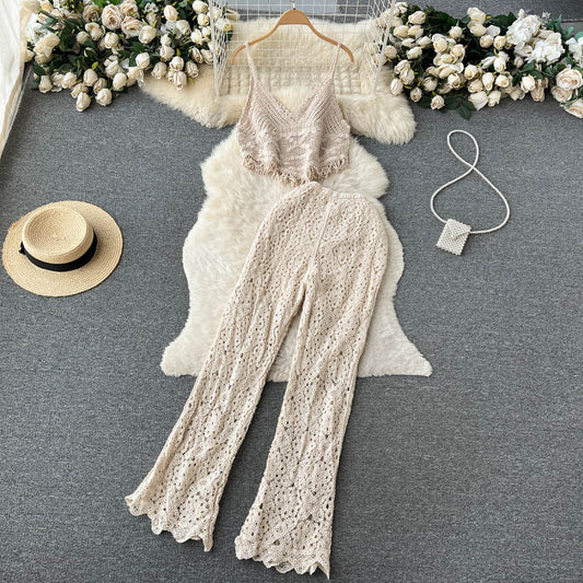 Travel Holiday Style Women's V-neck Tassel Suspender Tube Top Two-piece Set