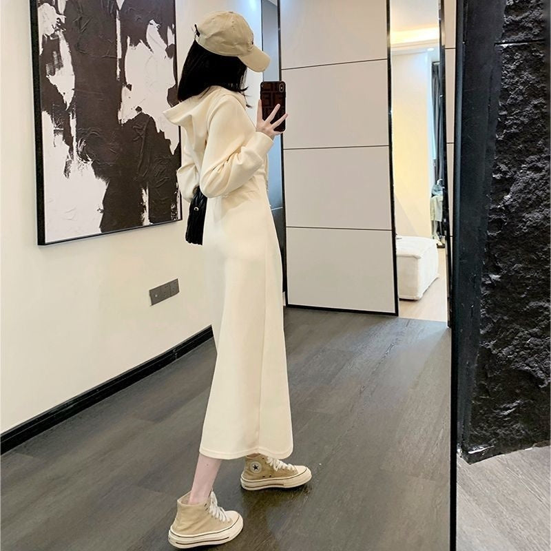 Stylish Casual Mid Length Hooded Dress That Falls Below The Knee