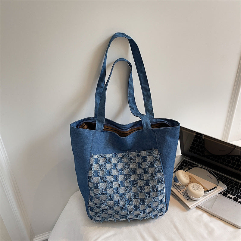 Versatile Casual Washed Denim Tote Bag With A Plaid Pattern And A Large Capacity