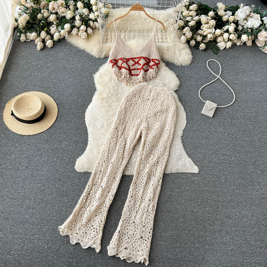 Travel Holiday Style Women's V-neck Tassel Suspender Tube Top Two-piece Set