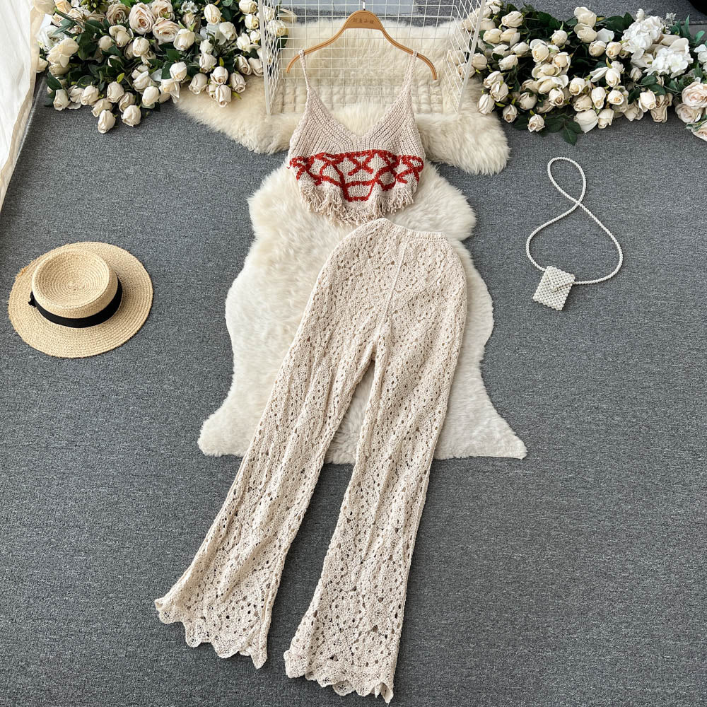 Travel Holiday Style Women's V-neck Tassel Suspender Tube Top Two-piece Set