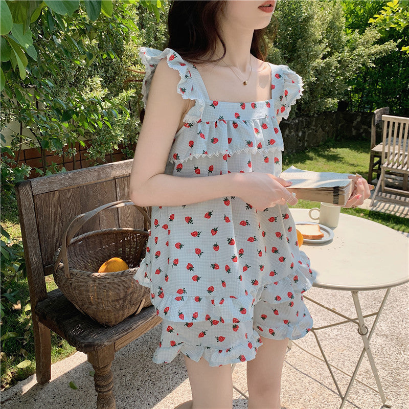 Girlfriends Clothes Cute Plaid Strawberry Lace Trim Pajamas Summer Suspender Shorts Homewear