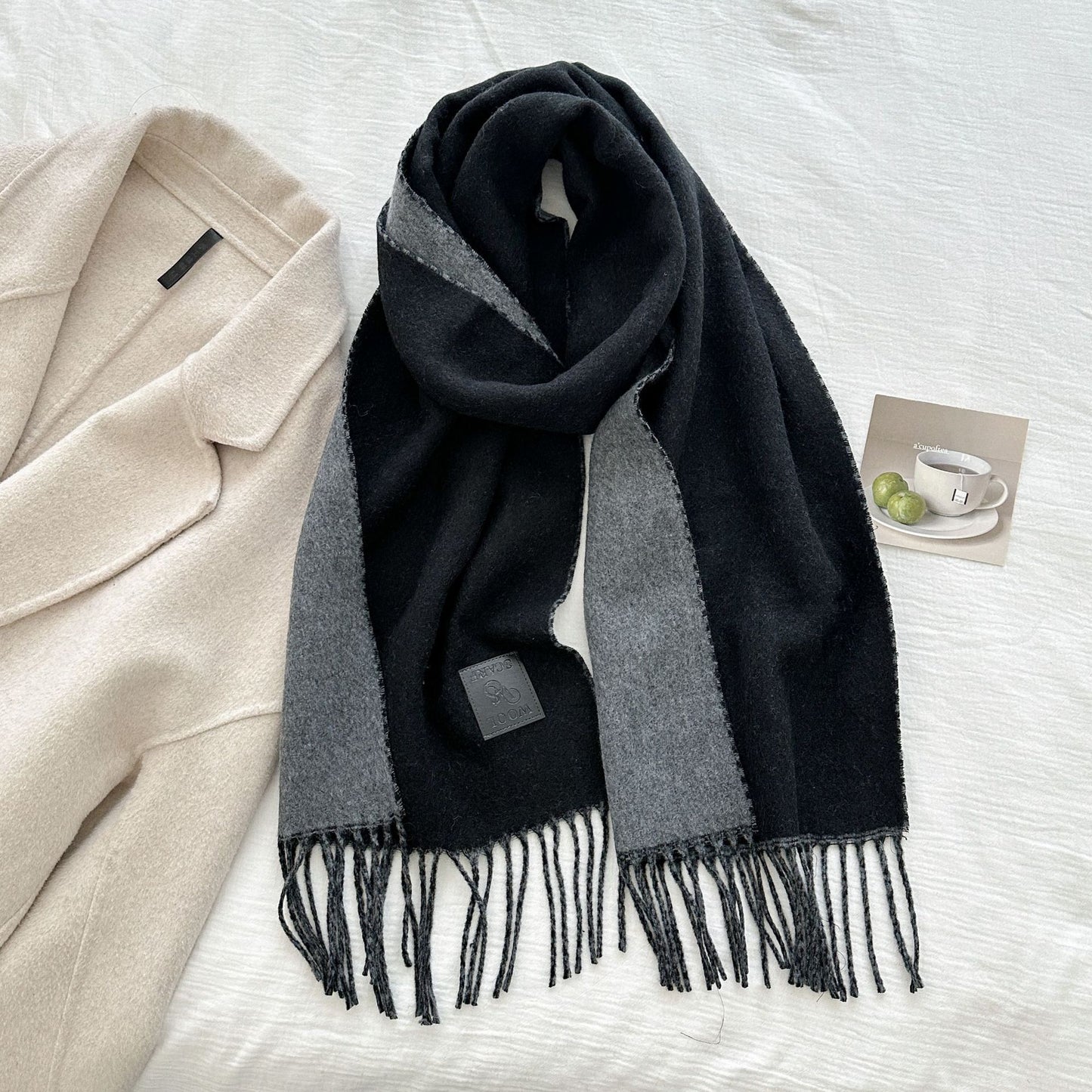 Thickened Double-sided Two-tone Wool Scarf Versatile Solid-color Tassel Shawl For Warmth And Style