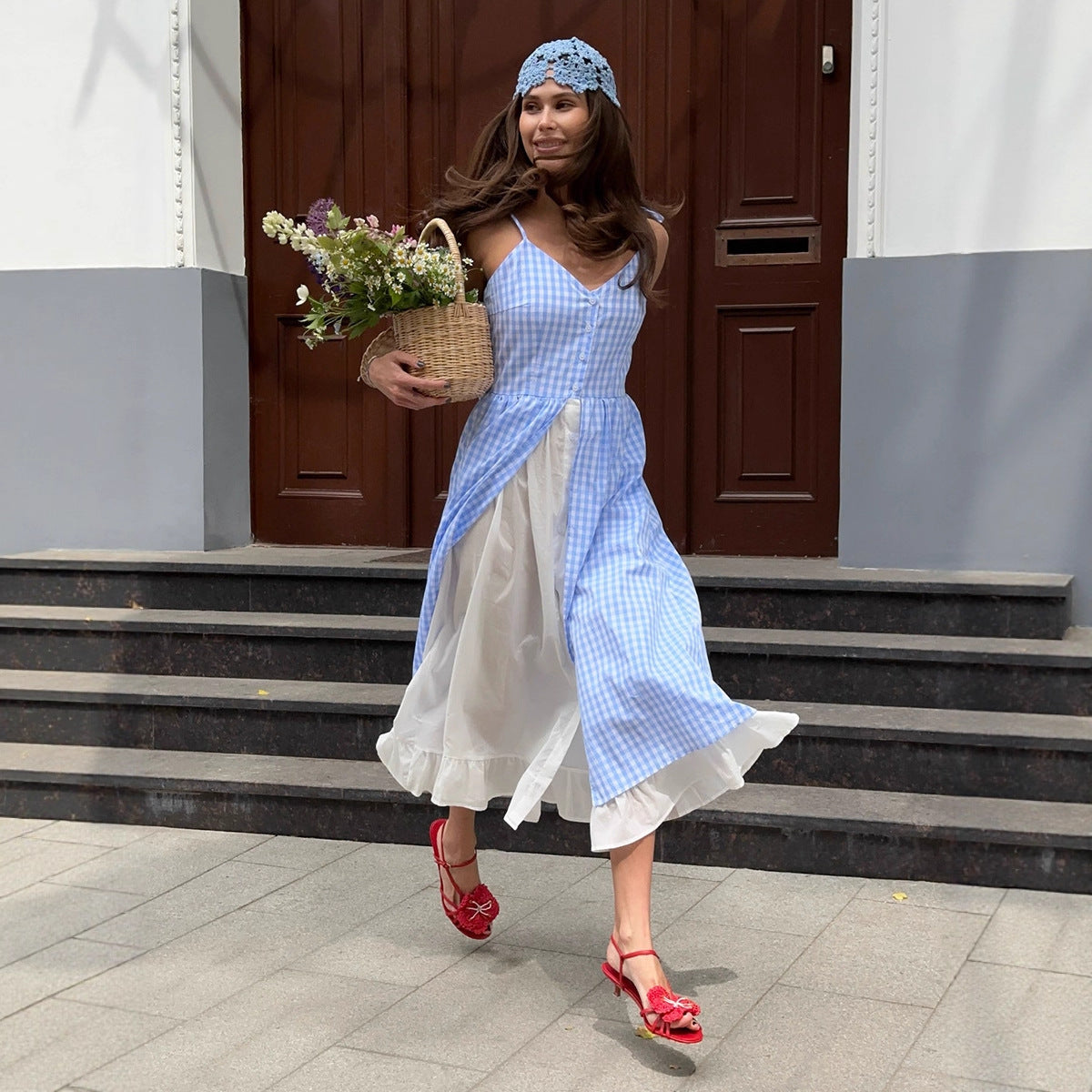 Womens Plaid Fake Two-Piece Single-Breasted Spliced Slip Dress