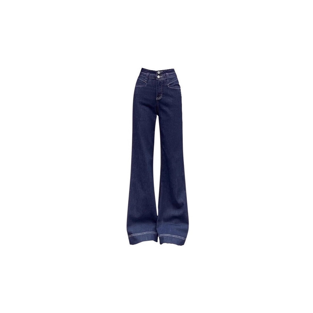 Loose High-waisted Flared Deep Blue Fleece-lined Wide-leg Jeans