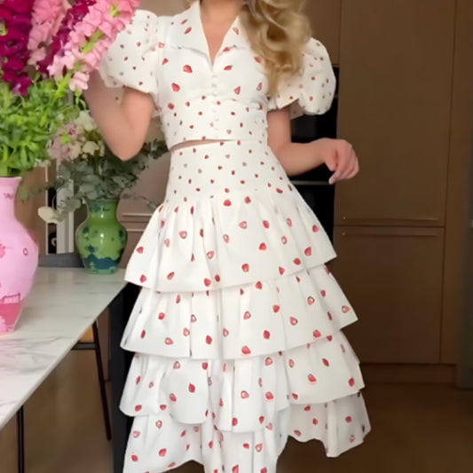 A Two-piece Set Of Women's Summer Strawberry-printed Puffed-sleeve Short Top And Layered Ruffled Skirt