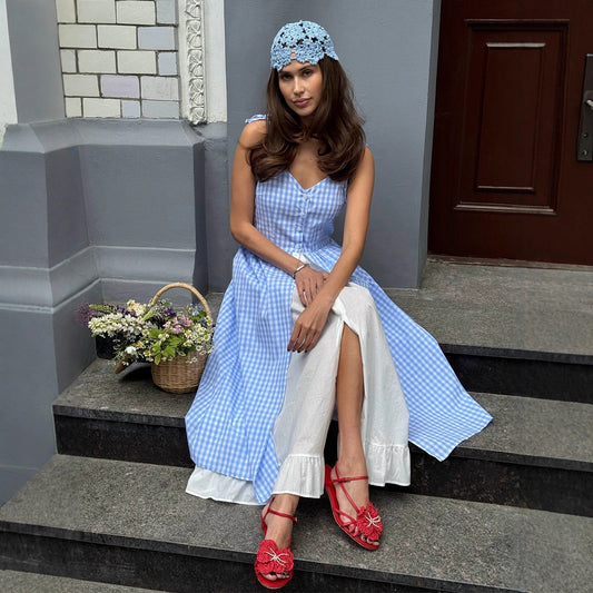 Womens Plaid Fake Two-Piece Single-Breasted Spliced Slip Dress