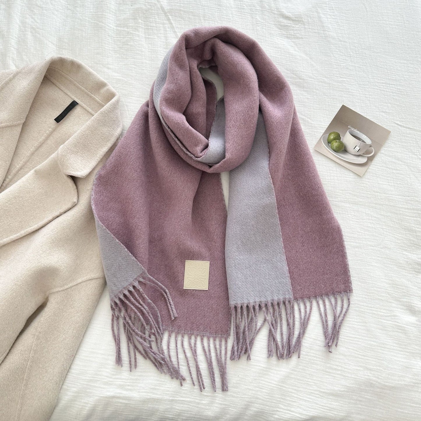 Thickened Double-sided Two-tone Wool Scarf Versatile Solid-color Tassel Shawl For Warmth And Style