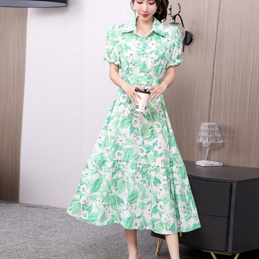 Floral Lapel Loose Fitting Short Sleeve Dress