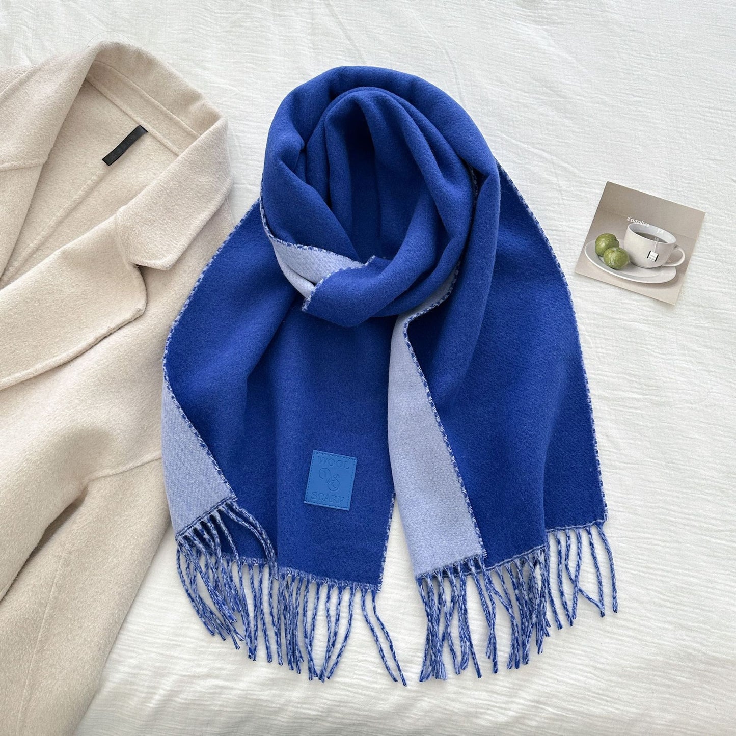 Thickened Double-sided Two-tone Wool Scarf Versatile Solid-color Tassel Shawl For Warmth And Style