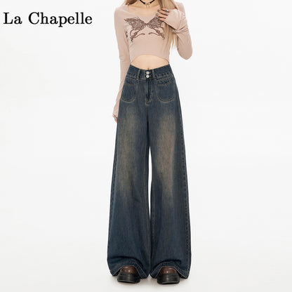 Loose And Lazy Style Women's High-waisted Straight Wide-leg Fleece-lined Jeans