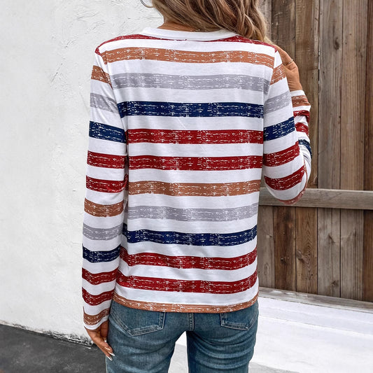Fashion Women's Wear Color Striped Fastener Decoration V-neck Long Sleeve