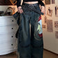 Street Wash Distressed Print Detachable Jeans Women Loose Slim Fit Draped Wide-leg Pants