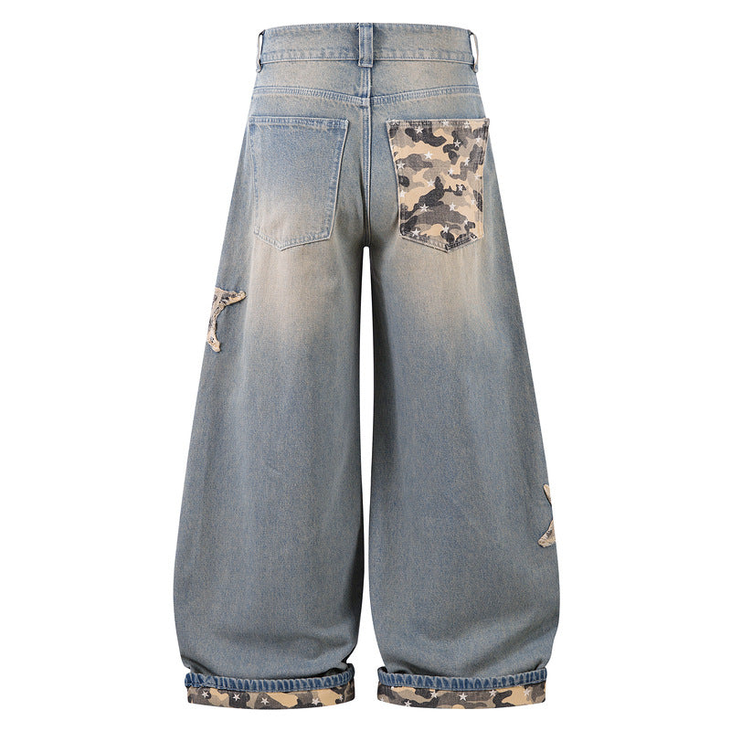 Camouflage Patchwork Star Patch Jeans For Men And Women Couples