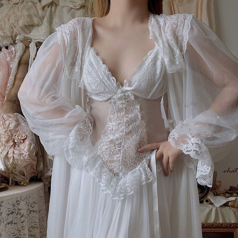 Two Piece Set Of Women's Mesh Suspender Nightgown