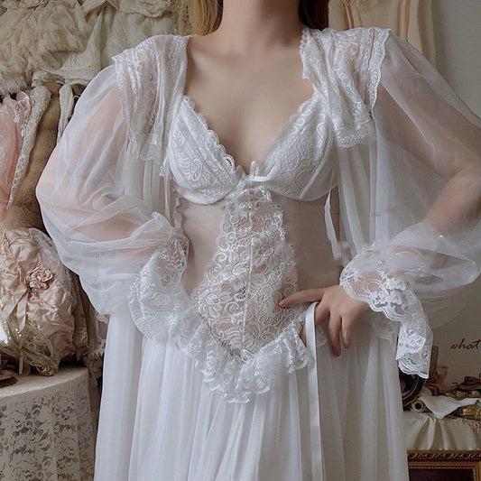 Two Piece Set Of Women's Mesh Suspender Nightgown