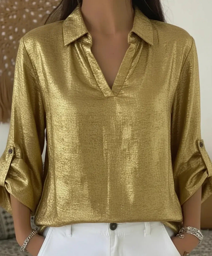 Loose-fit Womens Gold-foil V-neck T-shirt With Pocket