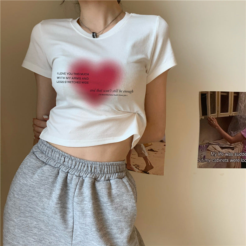 New Summer Women's Clothes DIY Printing Love Heart English Cropped T-shirt