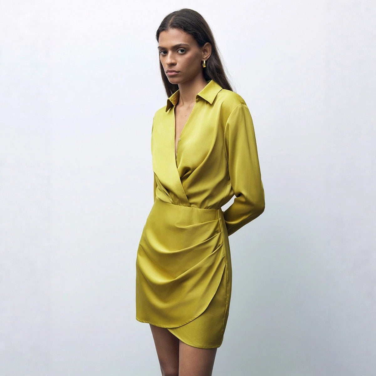 Womens Solid-Color Versatile Casual Satin Dress