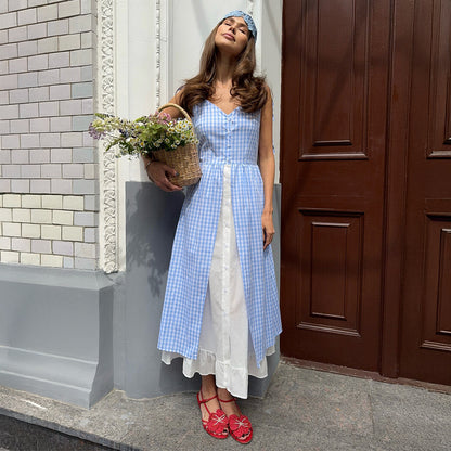 Womens Plaid Fake Two-Piece Single-Breasted Spliced Slip Dress