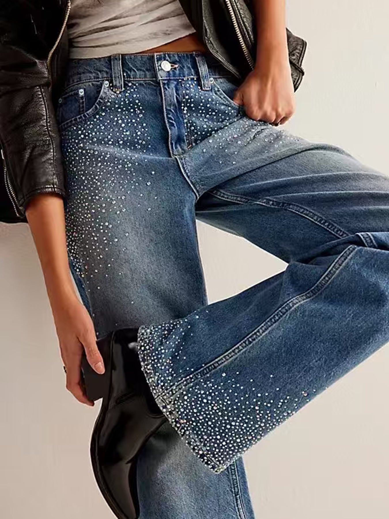 Fashion Stretch Rhinestone Straight-leg Jeans