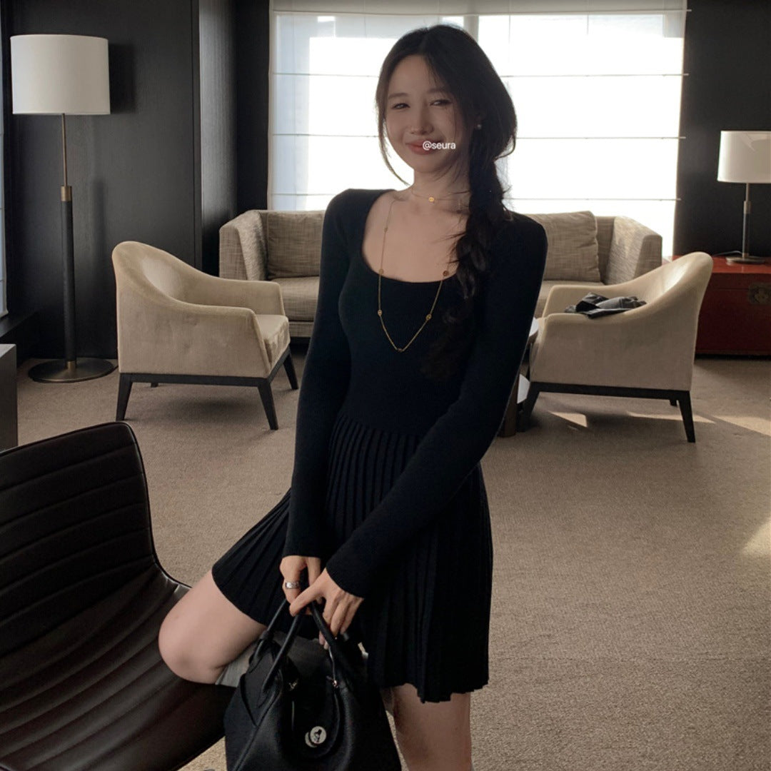 Womens Slim Fit Pleated Long Sleeve Dress