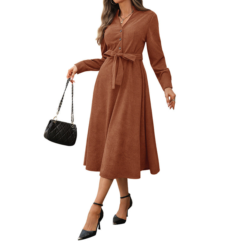 Corduroy V-neck Work Commuter Dress Women