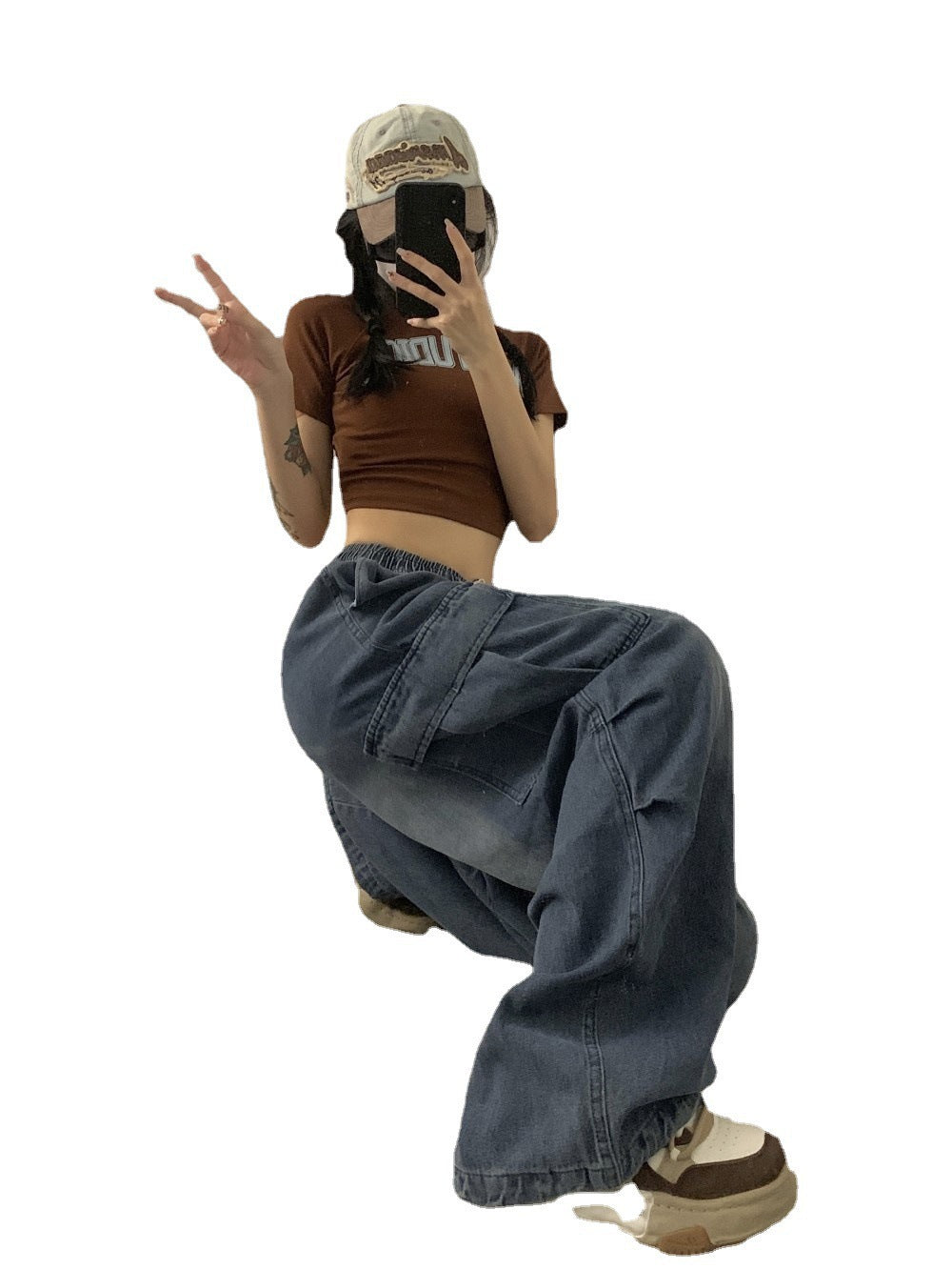 Niche Design Women's Retro Loose Patch Pocket Workwear Denim Jeans