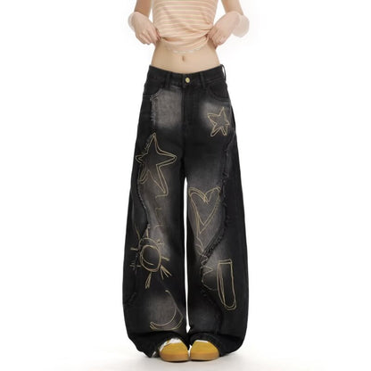 Women's High Waist Ripped Jeans Slim Fit Wide Leg Floor-Length Pants