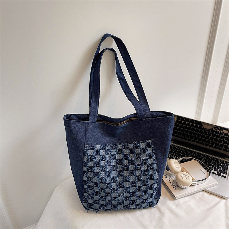 Versatile Casual Washed Denim Tote Bag With A Plaid Pattern And A Large Capacity