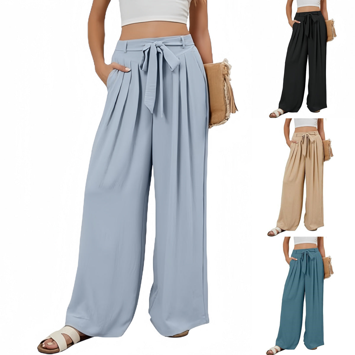 Womens Stylish Solid-color Flowy High-waist Wide-leg Pants