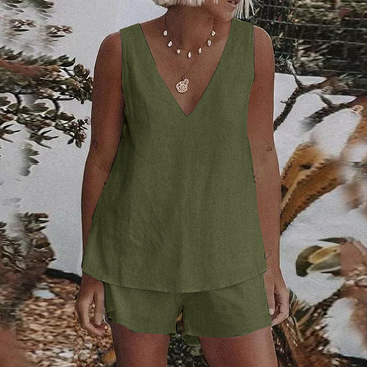 summer Pure Color Simple Casual Suit Elastic Waist Shorts Two-piece Cross-border European And American Plus Size Women's Clothes