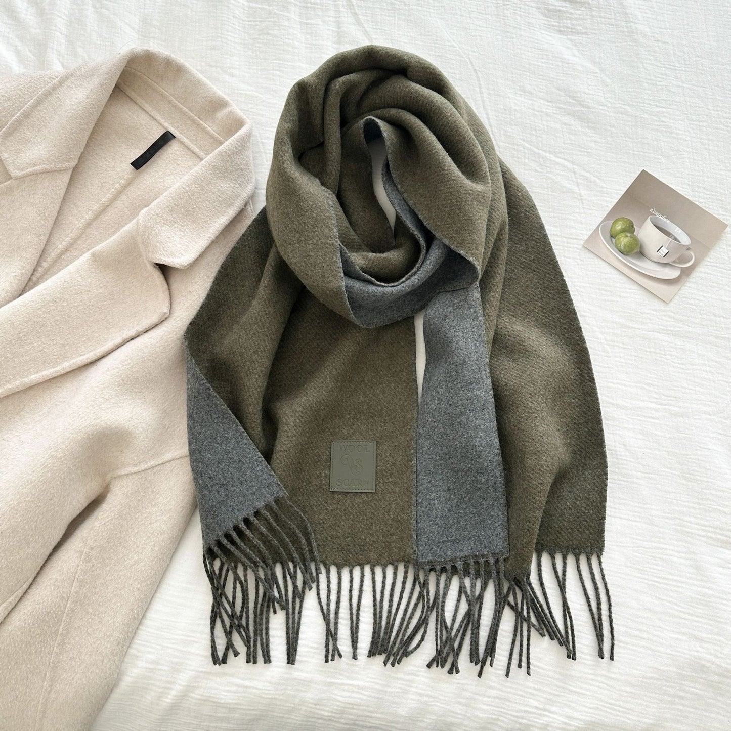 Thickened Double-sided Two-tone Wool Scarf Versatile Solid-color Tassel Shawl For Warmth And Style