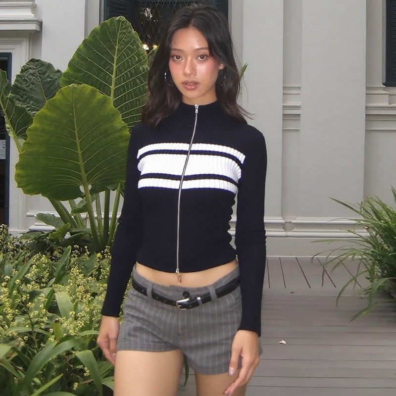 Contrast Zip Cardigan Tops Slim Long Sleeve Sweater