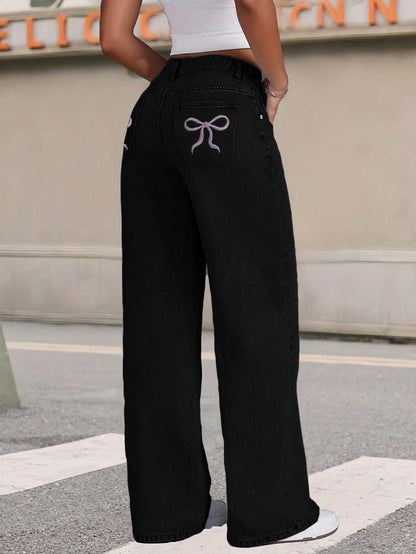 Bow-knot Embroidered Trendy Loose-fit Casual Jeans
