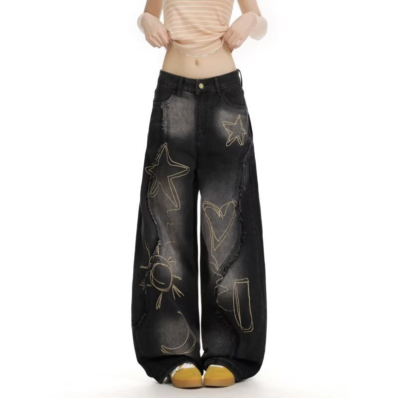 Women's High Waist Ripped Jeans Slim Fit Wide Leg Floor-Length Pants