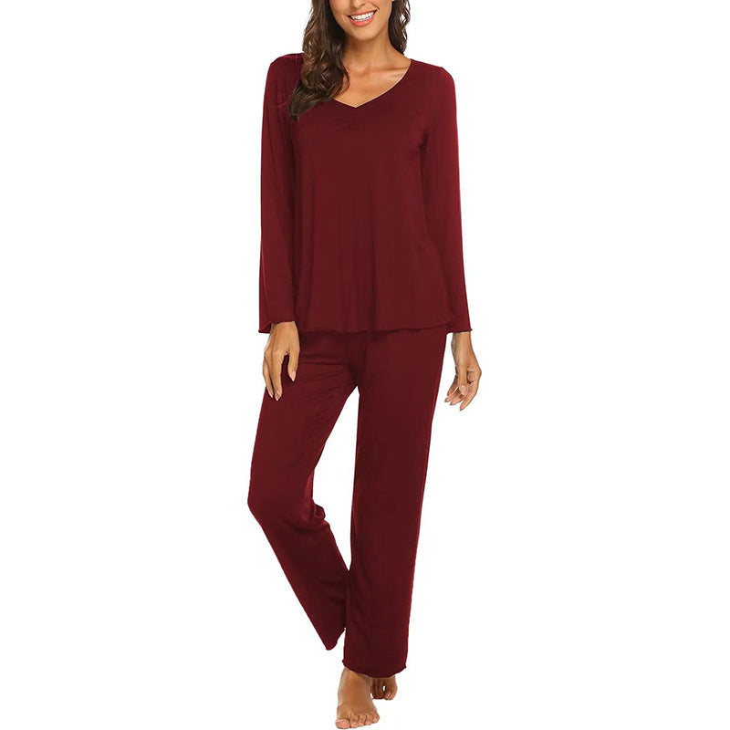 Women's Casual Solid Color V-neck Long Sleeve Pants Loose Home Wear