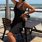 Womens Solid-Color Backless Hip-Hugging Knitted Hollow-Out Swimsuit Dress