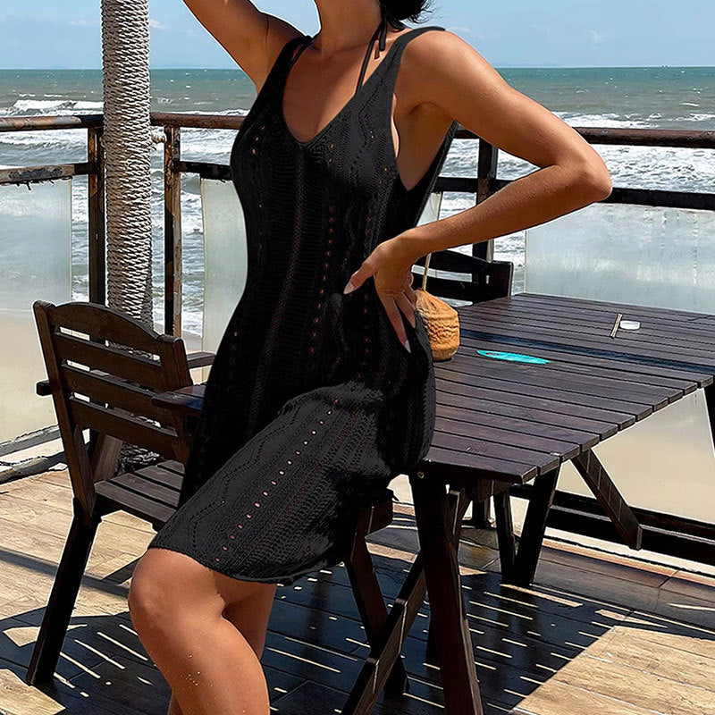 Womens Solid-Color Backless Hip-Hugging Knitted Hollow-Out Swimsuit Dress