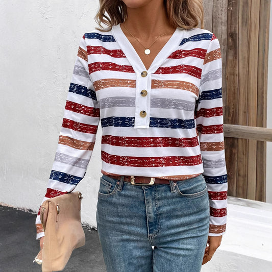 Fashion Women's Wear Color Striped Fastener Decoration V-neck Long Sleeve