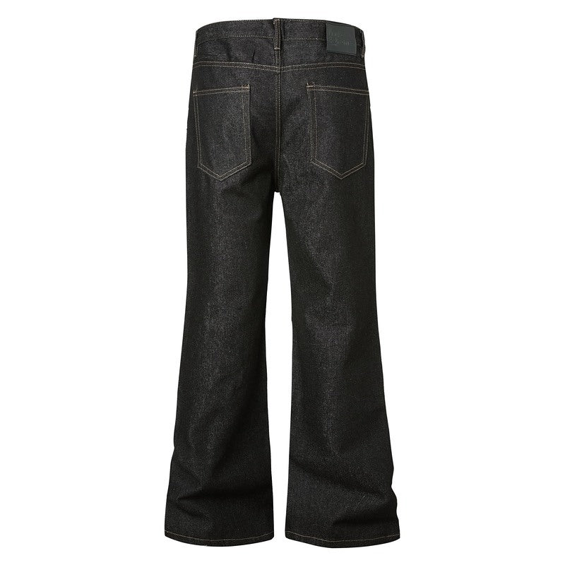 Dark-colored Slightly Flared Raw Denim Jeans For All Seasons