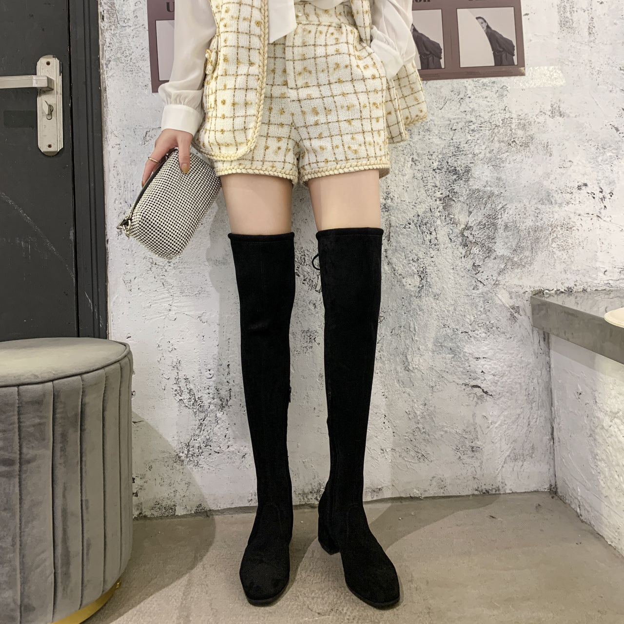 Square Toe Fashion Side Zipper Square Heel Outer Wear Stretch Skinny Boots