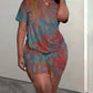 Two Piece Set Of Women's Tie Dye Printed Casual Top T-shirt And Tight Shorts