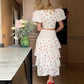 A Two-piece Set Of Women's Summer Strawberry-printed Puffed-sleeve Short Top And Layered Ruffled Skirt