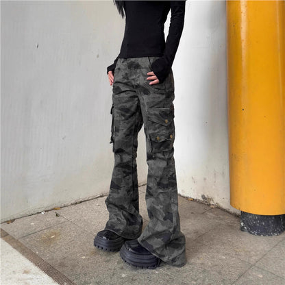 Multi-Pocket Flared Slimming Camo Denim Jeans