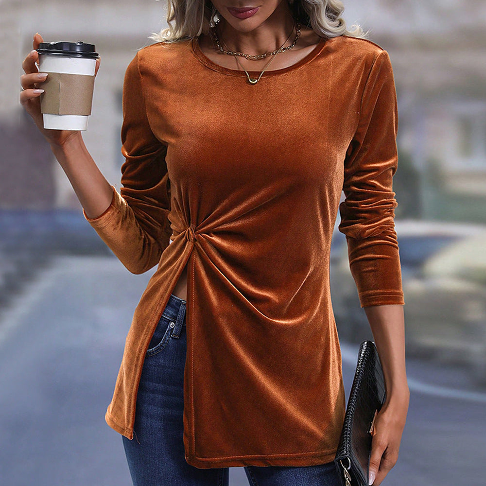 AutumnWinter Long-Sleeve Asymmetrical Slit Elegant Velvet Top