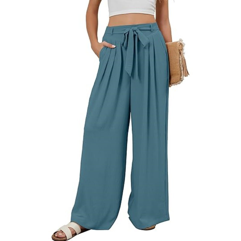 Womens Stylish Solid-color Flowy High-waist Wide-leg Pants