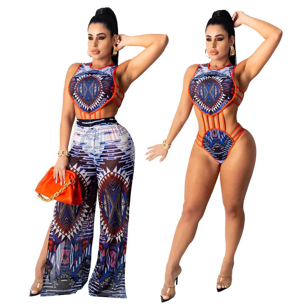 Women's Two-piece Set Of One-piece Top With Slit Loose Wide-leg Pants
