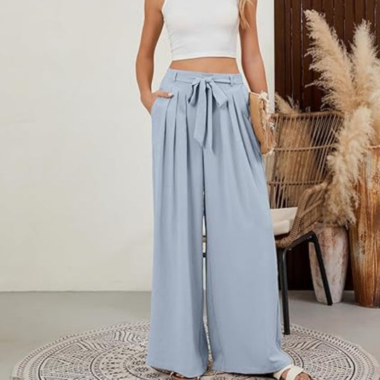 Womens Stylish Solid-color Flowy High-waist Wide-leg Pants